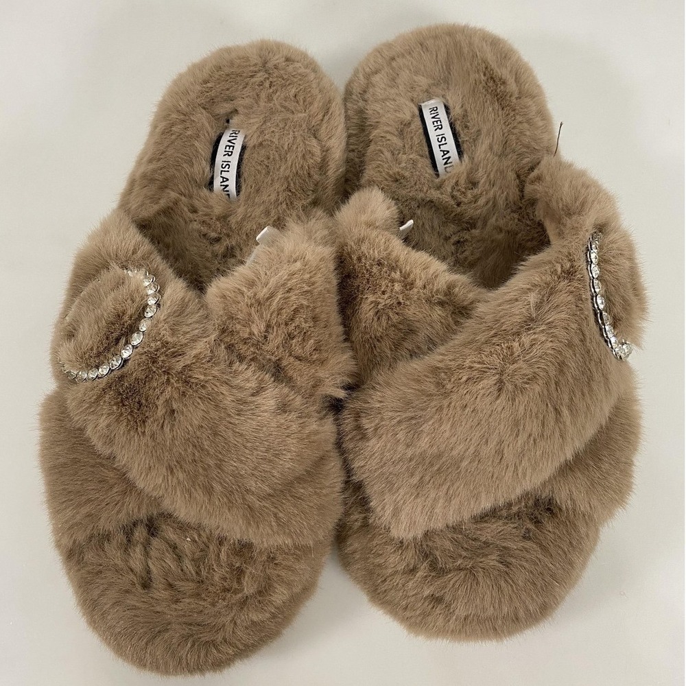 River Island Slippers Womens Size 5/6 Brown Faux Fur Rhinestone Slide Crisscross